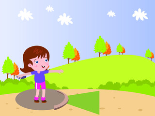 Obraz na płótnie Canvas Happy cute girl doing discus throw 2d cartoon vector illustration