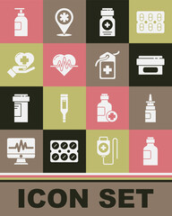 Set Bottle of medicine syrup, nasal spray, Ointment cream tube, Medicine bottle, Heart rate, with cross, Hand sanitizer and Cross hospital medical tag icon. Vector