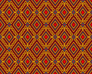 Yellow Green Symmetry Geometric Tribe or Ethnic Seamless Pattern on Red Background