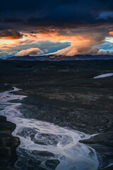 Dusk on the mountain pass as seen from the hut at Fimmvörðuháls, Iceland