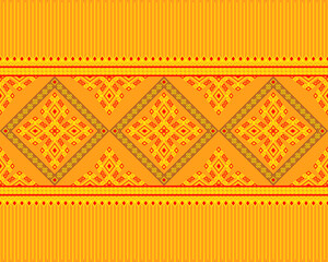 Yellow Red Symmetry Geometric Native or Tribe Seamless Pattern on Yellow Background