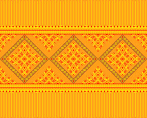 Yellow Red Symmetry Geometric Native or Tribe Seamless Pattern on Yellow Background