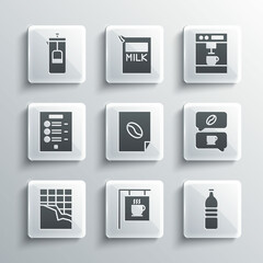 Set Street signboard coffee, Bottle water, Coffee and conversation, poster, Chocolate bar, menu, French press and machine icon. Vector