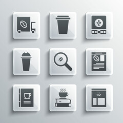 Set Coffee cup and book, Bag coffee beans, Newspaper, Selection, Milkshake, street truck machine and Electronic scales icon. Vector