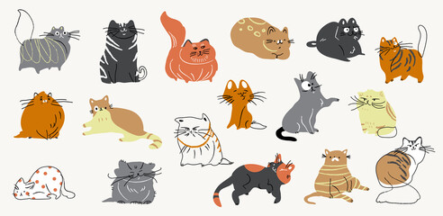 Cute cats watercolor doodle vector set. Cartoon cat or kitten characters design collection with flat color in different poses. Set of purebred pet animals isolated on white background. © TWINS DESIGN STUDIO