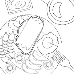 coloring book anti-stress breakfast of sausages, sandwiches and eggs