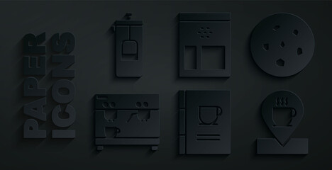Set Coffee book, Cookie or biscuit, machine, Location with coffee cup, Bag beans and French press icon. Vector