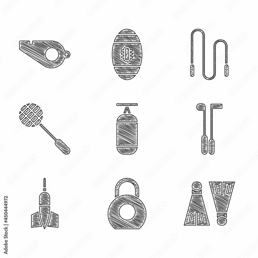 Sticker Set Punching bag, Kettlebell, Rubber flippers for swimming, Golf club, Dart arrow, Tennis racket, Jump rope and Whistle icon. Vector