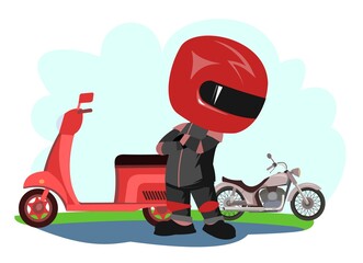 Scooter driver. Biker Cartoon. Child illustration. Compares bikes. In a sports uniform and a red helmet. Cool motorcyclist. Isolated on white background. Vector