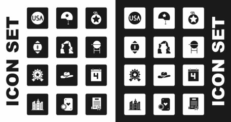 Set Canteen water bottle, Grand canyon, American Football ball, USA label, Barbecue grill, Military helmet, Calendar with date July 4 and Medal star icon. Vector