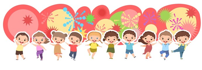 Children dance joy. Happy childhood. Little boys and girls. Banner,Kid is jumping for joy at the party. Nice kid. Cartoon style. Isolated on white background. Vector