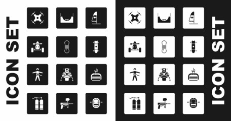 Set Windsurfing, Climber rope, ATV motorcycle, Drone flying, Longboard skateboard, Skate park, Ski lift and Bungee jumping icon. Vector