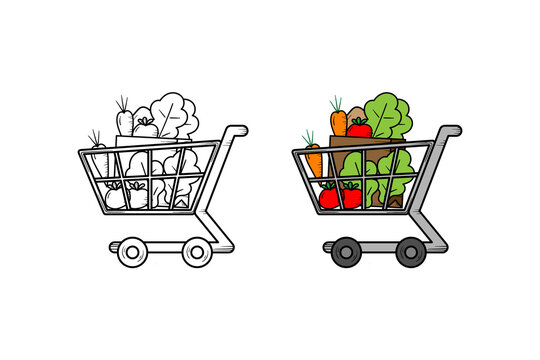 Shopping cart vegetables hand drawn illustration sketch and color