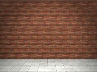 red brick wall and white floor . 3D illustration.