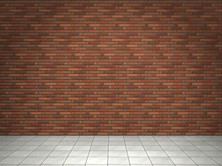 red brick wall and white floor . 3D illustration.