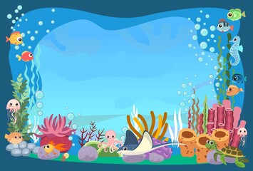 Fototapeta na wymiar The bottom of the reservoir with fish. Blue water. Sea ocean. Underwater landscape with animals, plants, algae and corals. Illustration in cartoon style. Flat design. Vector art