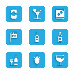 Set Glass bottle of vodka, Hop, Wine glass, Beer, with, Street signboard Pub, whiskey and can icon. Vector