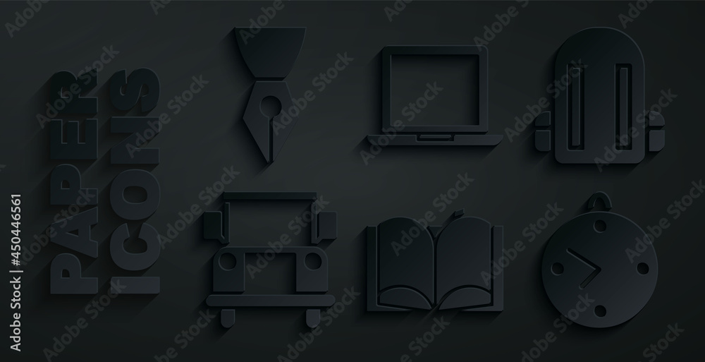 Poster Set Open book, School backpack, Bus, Clock, Laptop and Fountain nib icon. Vector