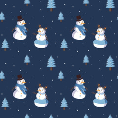 Seamless pattern with cute smiling snowmen and Christmas trees. Merry holiday print, New Year decorations. Winter and festive background
