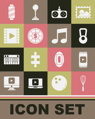 Set Kitchen whisk, Online play video, Kettlebell, Gamepad, Casino chips, Play Video, Sewing thread on spool and Music note, tone icon. Vector