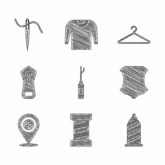 Fototapeta na wymiar Set Awl tool, Sewing thread, Leather, Location tailor shop, Zipper, Hanger wardrobe and Needle for sewing with icon. Vector