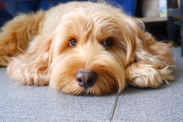 Cockapoo puppy on  floor in daylight  Cocker Spaniel mixed with Poodle