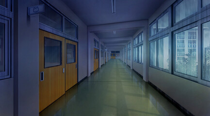 High school corridor balcony in the Overcast time, Anime background, 2D illustration