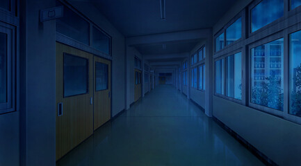 High school corridor balcony in the dark night, Anime background, 2D illustration	
