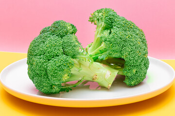 Two Fresh and Raw Pieces of Broccoli on White Plate. Uncooked Green Cabbage. Vegan and Vegetarian Culture. Raw Food. Healthy Eating and Vegetable Diet