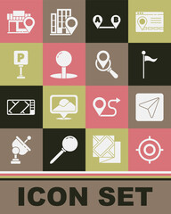 Set Target sport, Infographic of city map navigation, Location marker, Route location, Push pin, Parking, with store and Search icon. Vector