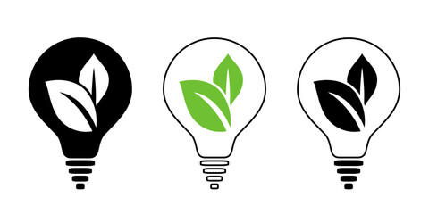 Light Bulb With Green Leaf Icon, Green Electrical Energy Symbol