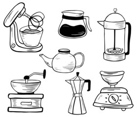 Set of Kitchen electronic tools. Line art. Mixer, scales, coffee grinder, geyser coffee maker, kettle, French press. Kitchen equipment. Vector illustration isolated on white background.