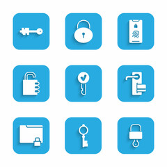 Set Key, Old key, Lock and, Digital door lock, Folder, Safe combination, Mobile with fingerprint scan and icon. Vector