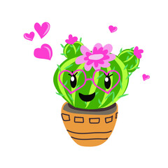 Cute cactus plant in pot with heart . Valentines day greeting card design.