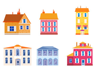 Set houses cottage home front view, colorful real estate. Cartoon urban buildings, vector illustration