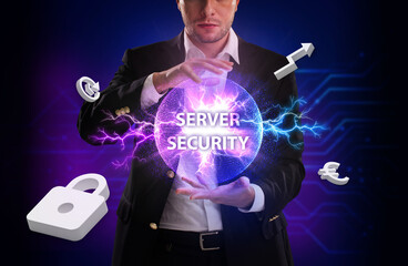 Business, Technology, Internet and network concept. Young businessman working on a virtual screen of the future and sees the inscription: Server security