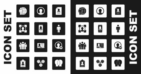 Set Resume, Mobile with resume, Head hunting, User of man, Create account screen, and Users group icon. Vector