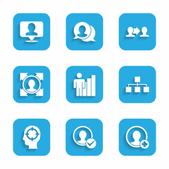 Fototapeta premium Set Productive human, Create account screen, Hierarchy organogram chart, Head hunting, Project team base and Location with person icon. Vector