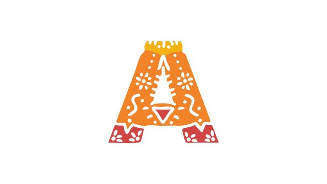 Letter A. Ethnic ornament, national pattern in letter. 3 colors. 4K video. Isolated on white background. Cartoon Animation. Capital Letter A for education, erudition, ABC, software, interface game.