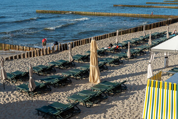 Sun beds on the shore of the Baltic Sea in the city of Zelenogorsk.