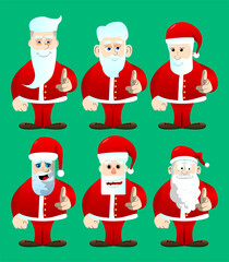 Santa Claus in his red clothes with white beard pointing at the viewer with his hand. Vector cartoon character illustration.