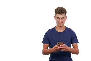 portrait of handsome man dressed casual in blue t-shirt. Using the smart phone