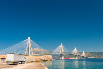 Fototapeta na wymiar Modern Bridge Rion-Antirion. The bridge connecting the cities of Patras and Antirrio, Greece