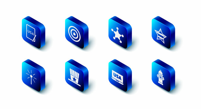 Set American star shield, Hexagram sheriff, USA Independence day, Fire hydrant, on laptop, Patriotic hat, Firework and graphic tablet icon. Vector