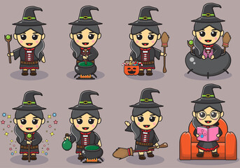 Vector illustration of Cute little witch cartoon magic Halloween young girls character costume. Halloween witch collection.