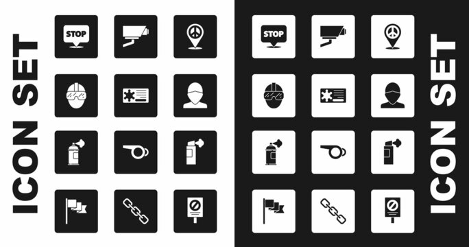 Set Location peace, Police badge, Special forces soldier, Protest, Vandal, Security camera, Pepper spray and Paint can icon. Vector