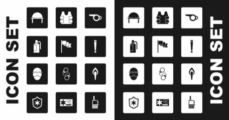 Set Whistle, Location marker, Hand grenade, Military helmet, Police rubber baton, Bulletproof vest, Torch flame and Special forces soldier icon. Vector