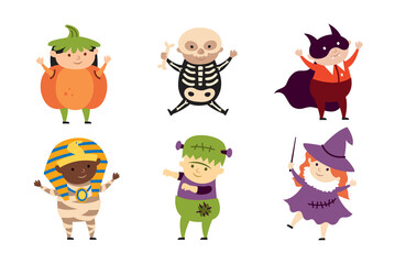 Children in costumes of creepy Halloween creatures, characters. Vampire, witch, skeleton, pumpkin, mummy, frankenstein. Holiday decor. Isolated on white background.