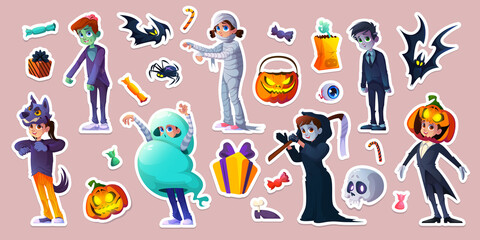 Fototapeta na wymiar Halloween stickers with people in scary costumes