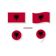 Albania flag logo icon set, rectangle flat icons, circular shape, marker with flags.